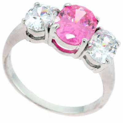 Sterling Silver Pink & Clear CZ  Three Stone Ring Size 9