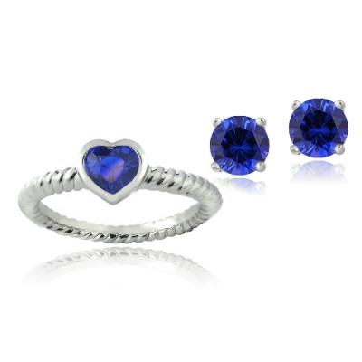 Silver Tone 1.75ct Created Blue Sapphire Heart Ring & Stud Earrings Set