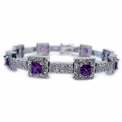 Sterling Silver 6.3ct Amethyst CZ & Clear CZ Square Link Bracelet