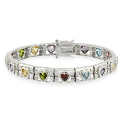 Sterling Silver Link Multi Color Light Green, Yellow, Blue, Red, and Purple Heart Bracelet