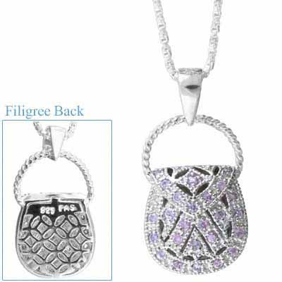 Sterling Silver Filigree Simulated Amethyst  Cubic Zirconia Purse Pendant