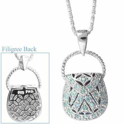 Sterling Silver Purse Filigree Simulated Aquamarine CZ Pendant