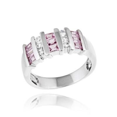 Sterling Silver 3/5ct Pink & Clear CZ Baguette & Round Striped Ring