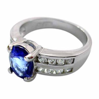 Sterling Silver Oval Tanzanite CZ & Double Row CZ Ring, SIze 6