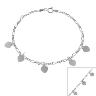 Sterling Silver Figaro Chain Bracelet with Dangling Heart Charms