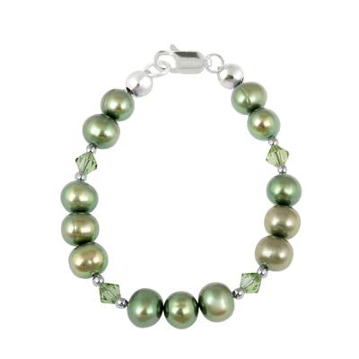 Sterling Silver Golden Green Freshwater Pearls & Green Swarovski Elements Baby Bracelet