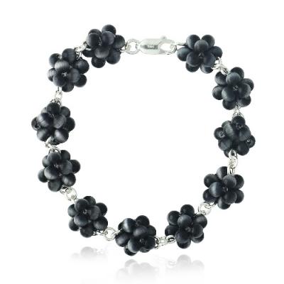 Sterling Silver Black Cats Eye Bead Cluster Bracelet