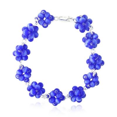 Sterling Silver Dark Blue Cats Eye Bead Cluster Bracelet