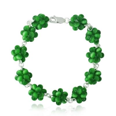 Sterling Silver Dark Green Cats Eye Bead Cluster Bracelet
