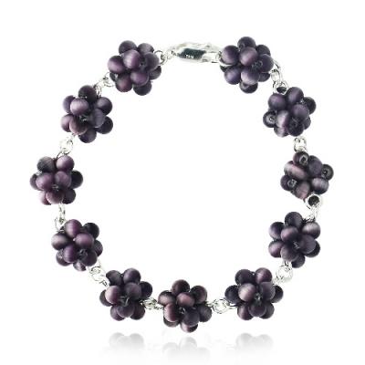 Sterling Silver Purple Cats Eye Bead Cluster Bracelet