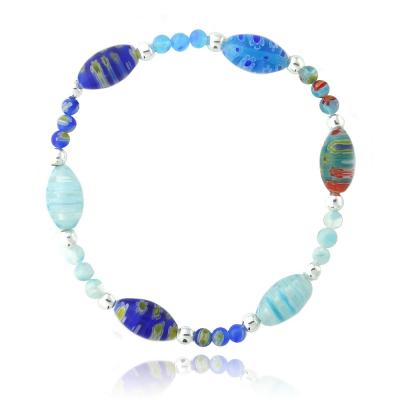 Sterling Silver Multi-Blues Millifiori Murano Glass Oval & Bead Stretch Bracelet