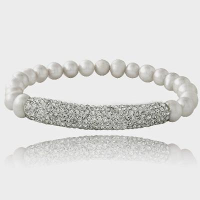 White Freshwater Cultured Pearl & Crystal Bar Stretch Bracelet