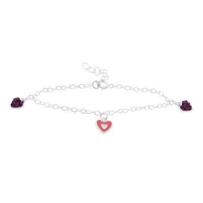 Sterling Silver Purple Crystal & Pink Enamel Hearts Baby Bracelet