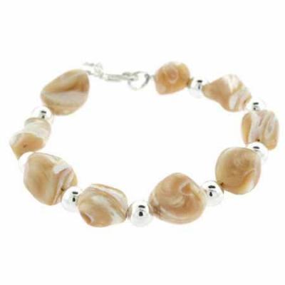 Genuine Natural Mother Of Pearl Nugget and Sterling Silver Bead Bracelet