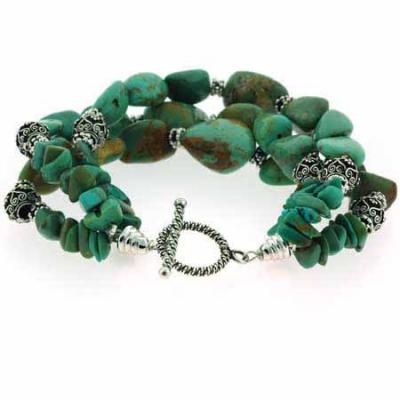 Genuine Green Turquoise Nugget and Chip Sterling Silver Bali Bead Bracelet