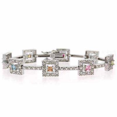Sterling Silver Multi Color light yellow, simulated Amethyst, light blue, champagne, pink, light green, lavender, dark pink, and simulated Diamond cz Square Bracelet