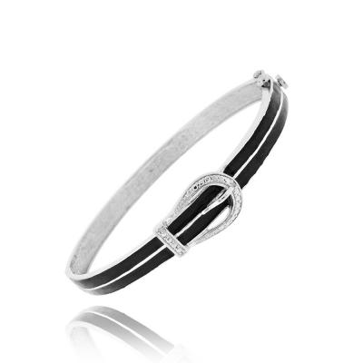 Rhodium Plated Diamond Accent & Black Enamel Belt Buckle Bangle Bracelet