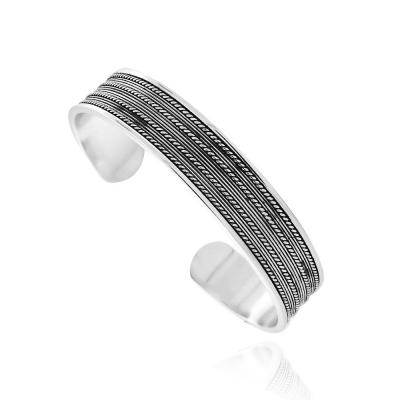 Silver Tone Black Accented Corrugated Bangle Bracelet