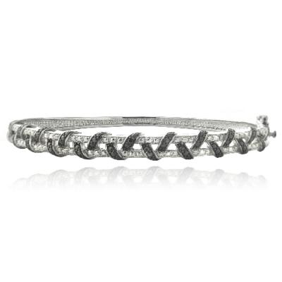 Silver Tone Black Diamond Accent Woven Bangle Tennis Bracelet