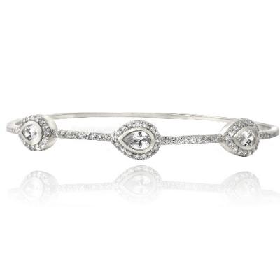 Silver Tone CZ Three Teardrop Bangle Bracelet