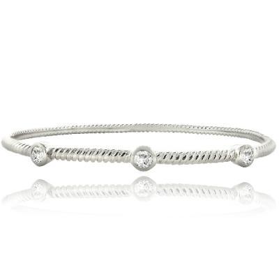 Silver Tone White Topaz Round Corrugated Bangle