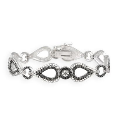 Silver Tone Open Teardrop Circle Black and White Link Bracelet
