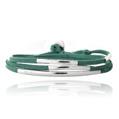 Silver Tone Bar & Green Suede Triple Wrap Bracelet