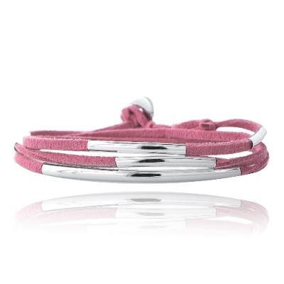 Silver Tone Bar & Pink Suede Triple Wrap Bracelet