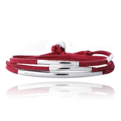 Silver Tone Bar & Red Suede Triple Wrap Bracelet