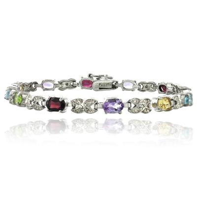 Silver Tone Multi Color Gemstone & Diamond Accent X & Oval Bracelet