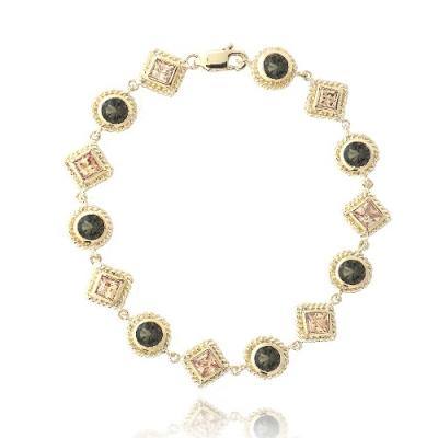 18K Gold over Sterling Silver Brown & Champagne CZ Square and Round Link Bracelet