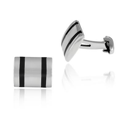 Stainless Steel & Black Enamel Twin Stripe Rectangle Mens Cufflinks