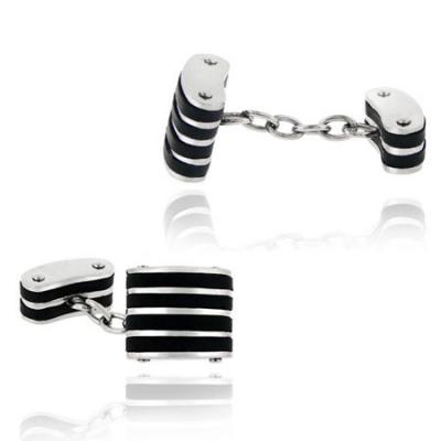 Stainless Steel and Black Rubber Striped Chain Cufflinks