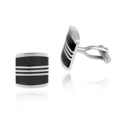 Stainless Steel & Black Enamel Striped Square Mens Cufflinks