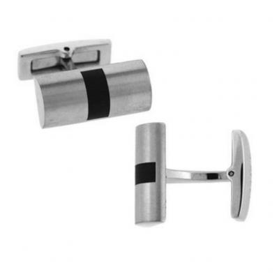 Stainless Steel Black Emamel Stripe Tube Mens Cufflinks