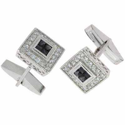 Sterling Silver Black & Clear CZ Square Mens Cufflinks