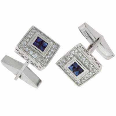 Sterling Silver Blue & Clear CZ Square Mens Cufflinks