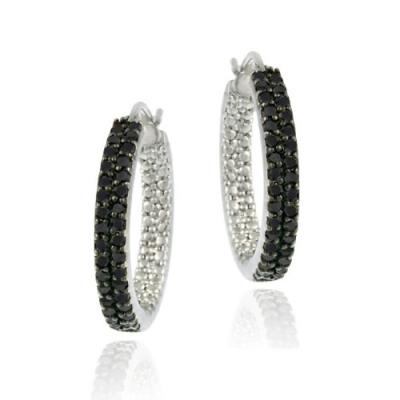 Sterling Silver 3/4ct Black Diamond Two Row Hoop Earrings