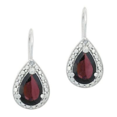 Sterling Silver 3.1 CT Garnet and Diamond Pear Shaped Leverback Earrings