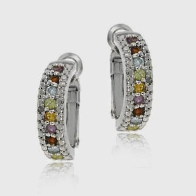 Sterling Silver Multi Color Gemstone & Diamond Half Hoop Earrings