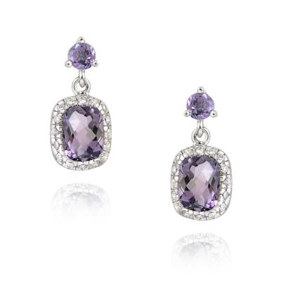 Sterling Silver Amethyst & CZ Rectangle Dangle Earrings