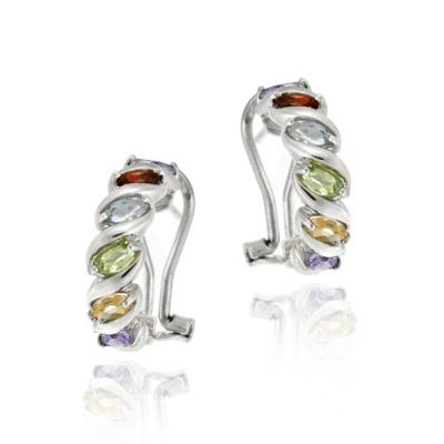 Sterling Silver Multi Color Gemstone 'S' Design Hoop Earrings