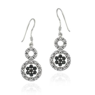 Sterling Silver Sapphire Flower & Diamond Accent Graduating Double Circle Earrings
