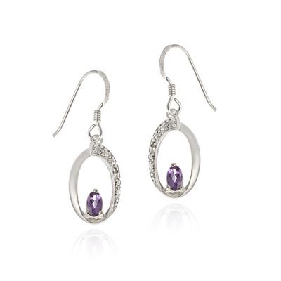 Sterling Silver Amethyst & Diamond Accent Oval Dangle Earring