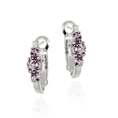 Sterling Silver Genuine Amethyst Three Stone Hoop Earrings
