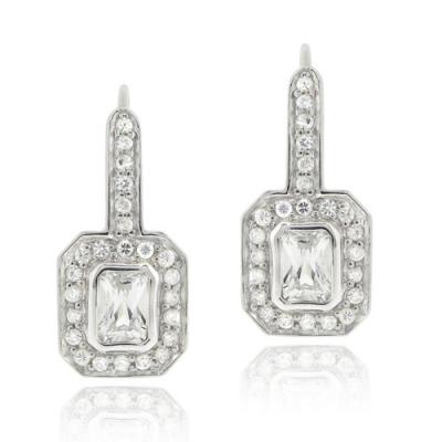 Sterling Silver CZ Rectangle Leverback Earrings