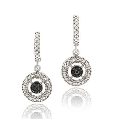 Sterling Silver 1/10ct TDW Black Diamond Round Dangle Hoop Earrings