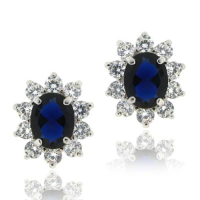Sterling Silver Blue & Clear CZ Oval Earrings