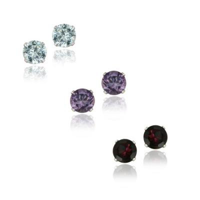 Sterling Silver Amethyst, Blue Topaz & Garnet Stud Earrings Set - 6mm