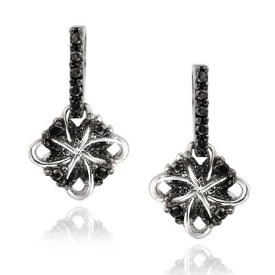 Sterling Silver Black Diamond Accent Clover in Flower Dangle Earrings